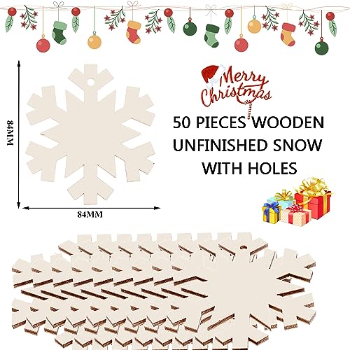 50PCS Unfinished Wood kit with Holes, Wood Slice for DIY Crafts, Blank Snow Wood Cutouts Wooden Tags Ornaments for Sign Gift Tags, Christmas