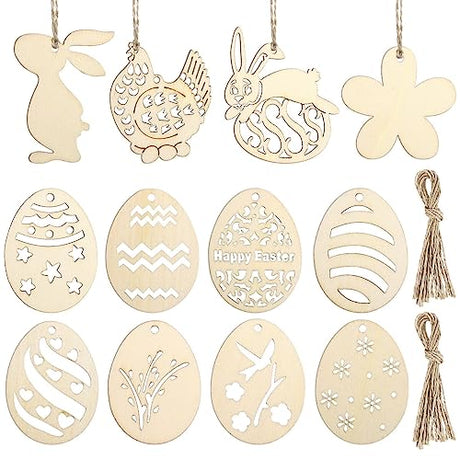 STOBOK Easter Wooden Ornaments,48PCS Unfinished Crafts Easter Hanging Wooden Ornament Bunny Chick Happy Easter Eggs Shaped Wooden Hanging Tags for STOBOK