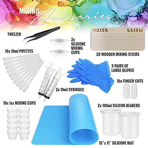 Silicone Resin Measuring Cups Tool Kit- Pixiss 100ml Measure Cups, 1oz Cups, Popsicle Stir Sticks, Pipettes, Finger Cots, Silicone Gloves, Silicone Pixiss