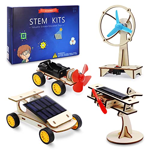 STEM 4 Set Solar Motor Kit,Wooden Model Electric Car Science Experiment Projects,Educational 3D Building Puzzles Electronic with 3 Different Motors