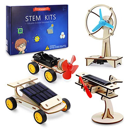 STEM 4 Set Solar Motor Kit,Wooden Model Electric Car Science Experiment Projects,Educational 3D Building Puzzles Electronic with 3 Different Motors