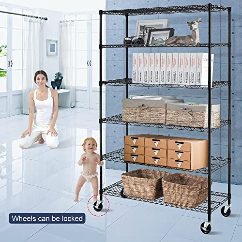 YYkokocat 6000Lbs Capacity Heavy Duty Storage Shelves Commercial Wire Shelving Unit and Storage Adjustable NSF 6 Tier Metal Rack Shelf on Wheels for - WoodArtSupply