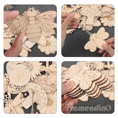 Framendino, 80 Pack Wooden Spring Ornaments to Paint DIY Blank Unfinished Wood Cutouts Ornament for Home Crafts Hanging Decorations Insect Dragonfly Framendino
