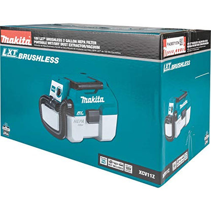 Makita XCV11Z 18V LXT Lithium-Ion Brushless Cordless 2 Gallon HEPA Filter Portable Wet/Dry Dust Extractor/Vacuum, Tool Only
