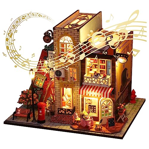 DIY Miniature Dollhouse Kit, Book Nook Kit Tiny House Model with LED Music Box, 3D Wooden Puzzle for Adults, Self-Assembly Bookend Building Set Hallisun