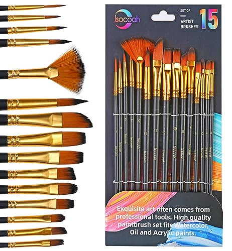 Acrylic Paint Brushes Set 15 Pieces, Nylon Bristle Paintbrushes for Acrylic Painting, Oil and Watercolor Brushes for Body Face Rock Canvas Jsocoah