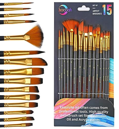 Acrylic Paint Brushes Set 15 Pieces, Nylon Bristle Paintbrushes for Acrylic Painting, Oil and Watercolor Brushes for Body Face Rock Canvas