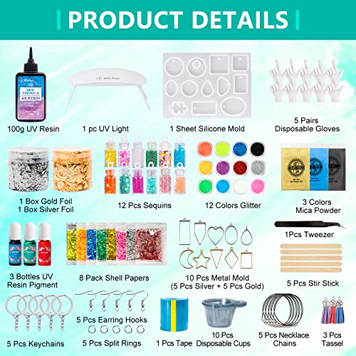 JDiction New UV Resin Kit with Light, Crystal Clear Hard Resin Sunlight Curing UV Resin Beginner Kit for Jewelry, Doming, Coating, and Casting, DIY JDiction