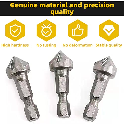 TorSor 3 Pack Countersink Drill Bit Chamfer Bits 6 Flute for 6.35mm 1/4'' Hex Shank Burr Removal Holes Shaping Trimming Opener Tool Polish Knife TorSor