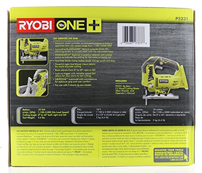 RYOBI One+ P5231 18V Lithium Ion Cordless Orbital T-Shaped 3,000 SPM Jigsaw (Battery Not Included, Power Tool and T-Shaped Wood Cutting Blade Only)