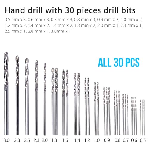 31Pcs Hand Drill Bits Set, SUNJOYCO Precision Pin Vise Rotary Tools with Micro Mini Twist Drill Bits (0.5-3.0mm) for Wood, Jewelry, Plastic, Craft SUNJOYCO