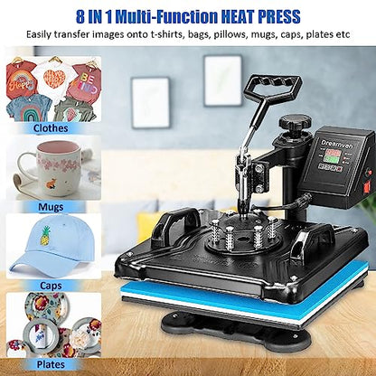 Heat Press Machine for Tshirts, 8 in 1 Heat Transfer Machine, 12" X 15" Digital Industrial Sublimation Heat Printing Combo with 360 Degree Rotation - WoodArtSupply