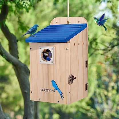 SUQEFAN 11" H Hanging Wood Blue Bird House for Outside Clearance with Metal Guard，Birdhouses for Outdoor Finch Bluebird Cardinals，Gifts for Bird - WoodArtSupply