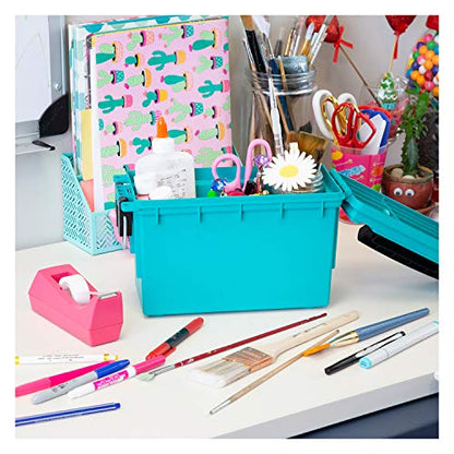 Logix 12533 Stackable Craft Storage Box with Handle, Locking Art Supply Box, Plastic Storage Containers with Lids, Craft Organizer Box, Teal - WoodArtSupply