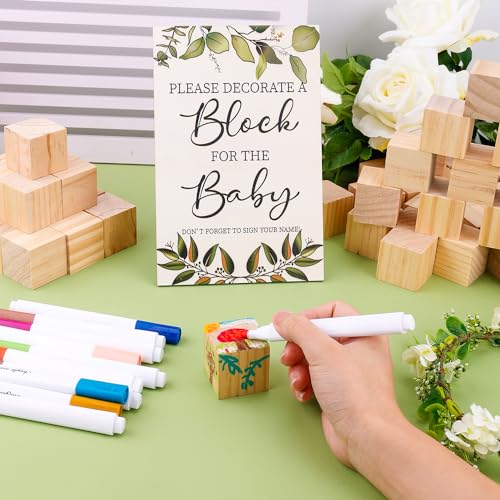 PEUTIER 75pcs Baby Wooden Shower Games Kit, 50 DIY Baby Unfinished Shower Block with Game Sign 24 Acrylic Paint Marker Baby Cubes Crafts Game Prizes PEUTIER