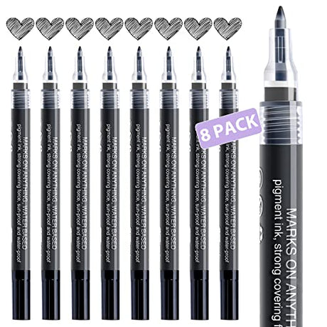 Black Paint Pen Acrylic Marker: 8 Pack 0.7mm black Paint Marker, Paint Markers for Metal, Art, Wood, Black Paper, Plastic, Ceramic, Metallic, Rock AKARUED