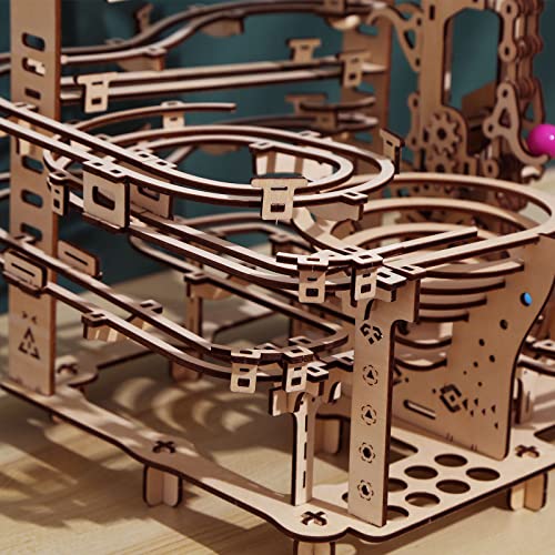 Wooden Marble Run Kit - 3D Puzzle Wood Colored Balls Run Stepped Hoist with 3-Stepped Lift Mechanism - Kinetic DIY Marble Run Wooden Puzzle ROEOLNIL