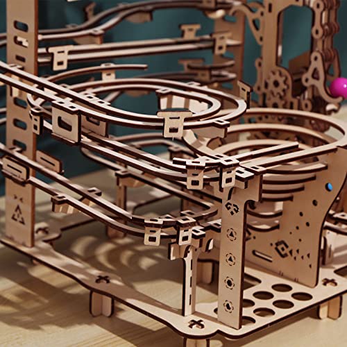 Wooden Marble Run Kit - 3D Puzzle Wood Colored Balls Run Stepped Hoist with 3-Stepped Lift Mechanism - Kinetic DIY Marble Run Wooden Puzzle