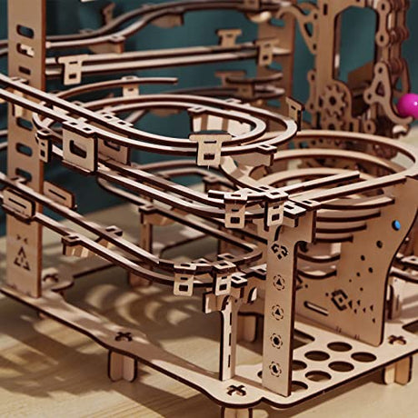 Wooden Marble Run Kit - 3D Puzzle Wood Colored Balls Run Stepped Hoist with 3-Stepped Lift Mechanism - Kinetic DIY Marble Run Wooden Puzzle ROEOLNIL