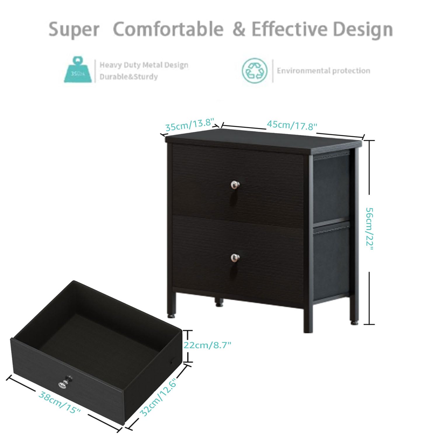 BOLUO Black Nightstands Set of 2, 2 Drawer Dresser for Bedroom Night Stand Small Nightstands End Table with Fabric Drawers Modern BOLUO