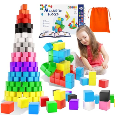 Girigi 10 Colors Magnetic Blocks for Toddler Toys, Montessori Sensory STEM Building Preschool Magnet Toys for 3 4 5 6 Year Old Boys and Girls, Large Girigi