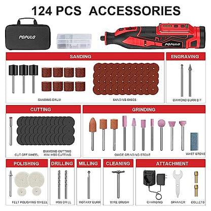 POPULO 12V Cordless Rotary Tool Kit, 5 Variable Speeds, Max Load Speed up to 32000RPM, Powerful Engraver, Sander, Polisher, 114 Easy Change - WoodArtSupply