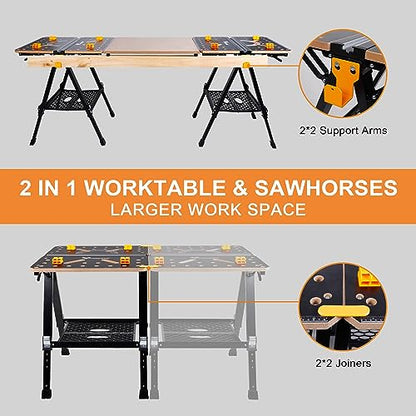 WORKESS Portable Workbench & Sawhorse, 1000Lbs Capacity Heavy Duty Folding Work Table, 23.6"-36" Adjustable Height with 2 Quick Clamps, 4 Bench Dogs,