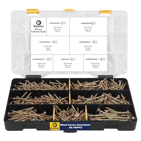 Bonost 450Pcs Wood Screws Assortment Kit - Assorted Wood Screws with Matching Bits - Torx Drive Wood Screw Set for Decking, Furniture, Woodworking Bonost