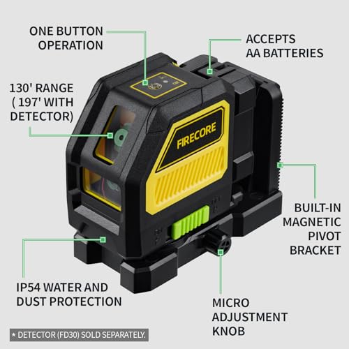 Firecore Professional Green Cross Line Laser, 130ft Self-Leveling Laser Level with Horizontal and Vertical Lines, IP54 Rating Manual Pulse Mode, 360° - WoodArtSupply