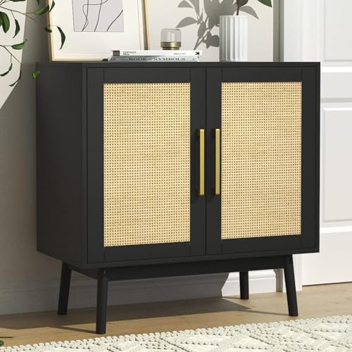 LYNSOM Rattan Storage Cabinet with Doors and Shelves, Natural Rattan Sideboard and Buffet with Storage, Free Standing Accent Cabinet for Entryway,