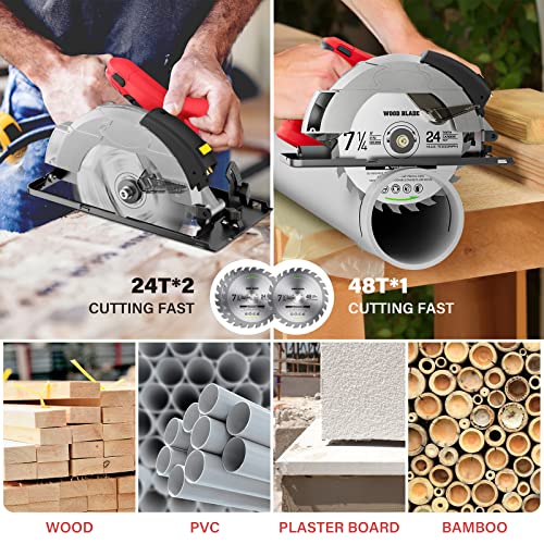 Circular Saw, 1500W Power Circular Saws with Laser Guide, 5500RPM Compact Circular Saw with 3 Saw Blades (24T+ 48T)7-1/4'', 0-45° Bevel Adjustment, Vistreck