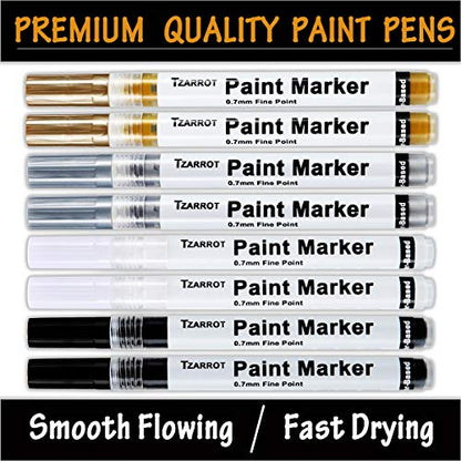 White Paint Pen, 8 Pack 0.7mm Acrylic Paint Pens with 2 White 2 Black 2 Gold 2 Silver Paint Pen Permanent Marker for Wood Rock Fabric Metal Plastic - WoodArtSupply