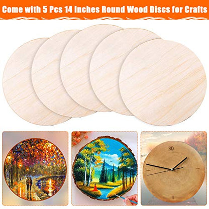 Round Wood Discs for Crafts, Audab 5 Pack 14 Inch Wood Circles Unfinished Wood Rounds Plaque for Door Hanger, Door Design, Wood Burning