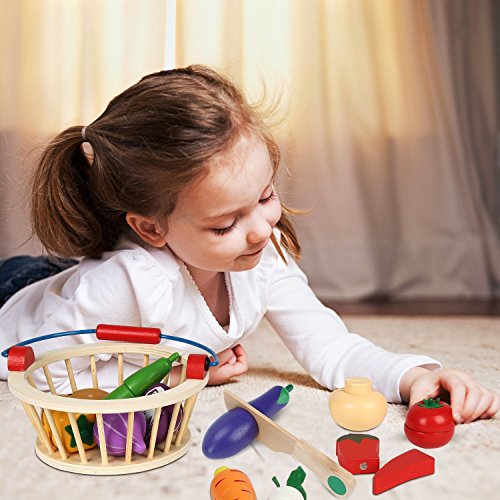Victostar Magnetic Wooden Cutting Fruits Vegetables Food Play Toy Set with Basket for Kids (Vegetables) Victostar
