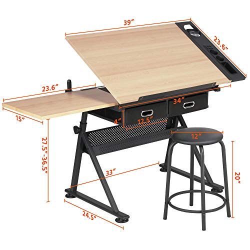Topeakmart Height Adjustable Drafting Table Drawing Desk Tiltable Tabletop Art Craft Work Station with Stool for Artists Painters Students Adults Topeakmart