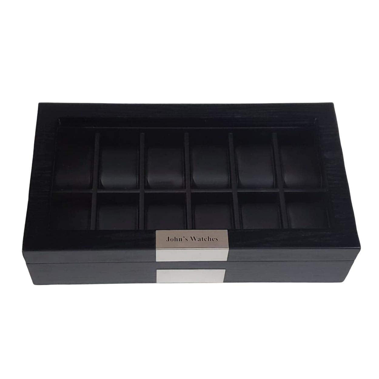 TIMELYBUYS Personalized 12 Black Wood Watch Box Display Case Storage Jewelry Organizer with Glass Top, Stainless Steel Accents, and Oversized Deluxe TIMELYBUYS