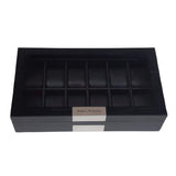 TIMELYBUYS Personalized 12 Black Wood Watch Box Display Case Storage Jewelry Organizer with Glass Top, Stainless Steel Accents, and Oversized Deluxe TIMELYBUYS