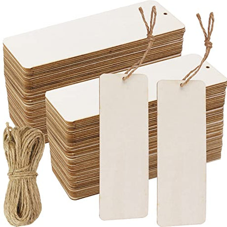 FSWCCK 50 Pcs 6 x 2 Inch Large Size Blank Wooden Gift Tags Labels Unfinished Wooden Book Markers Ornaments with Holes and Ropes for DIY Crafts, FSWCCK