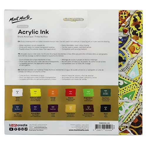 Mont Marte Acrylic Ink Premium 12pc x 20ml (0.7 US fl.oz), Acrylic Inks for Artists, Essential Colors, Ideal for Air Brush, Pouring Art, MONT MARTE