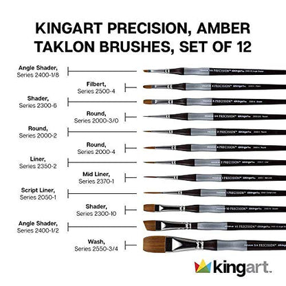 KINGART 1070B Premium Precision Mixed Media Artist Paint Brushes Set of 12, Ergonomic Comfort Short Handle, Oil, Watercolor, Acrylic Painting, Gift - WoodArtSupply