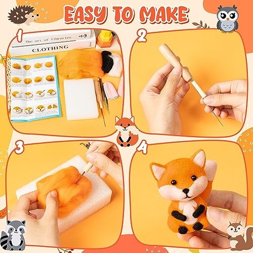 WATINC Set of 5 Woodland Wool Needle Felting Kit, Fox Owl Hedgehog Squirrel Raccoon Animal Doll Wool Felt Needle Felting Tools Foam Pad, DIY Needle WATINC