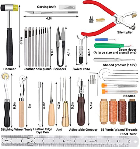 273 Pieces Leather Working Tools and Supplies with Leather Tool Box Cutting Mat Hammer Stamping Tools Needles Snaps and Rivets Kit Perfect for BAGERLA