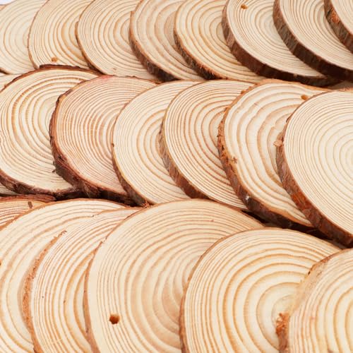 Natural Wood Slices 30Pcs 2.7-3.1 Inches Craft Wood Kit Unfinished Predrilled with Hole Wooden Circles Tree Slices for Art and Crafts Wood Christmas