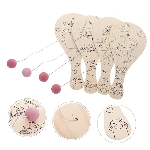 Toyvian 4pcs Graffiti Blank Racket Wooden Paddle Ball Toy Paddle Paint Toy Paddle Draw Toy Unfinished Wood Racket Classic Paddleball Wooden Catch Toyvian