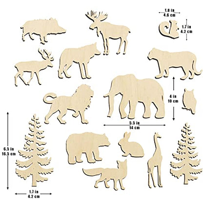 Set of 15 Wood Cutouts,Forest Animals Wood Cutouts for Crafts,Wooden Crafts to Paint,Unfinished Wooden Animal Cutout,Bear Deer Pine Trees Elephant