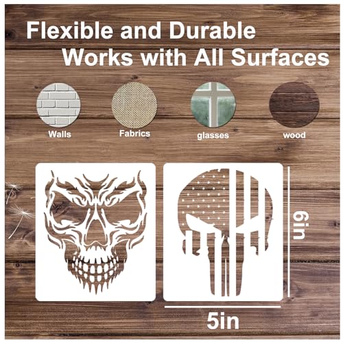 Skull Stencils for Painting On Wood Flame Skeleton Hand Finger Fire Templates for Airbrushing Art Crafts Plastic Reusable Wood Burning Stencils for Pkqon