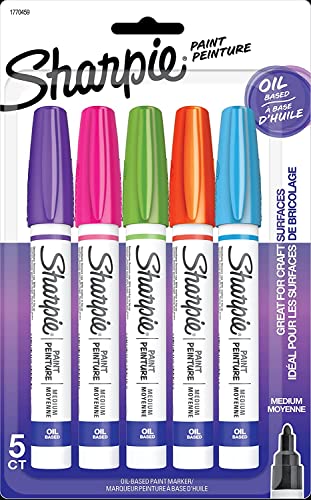 SHARPIE Oil-Based Paint Markers, Medium Point, Bright Colors, 5 Count - Great for Rock Painting SHARPIE