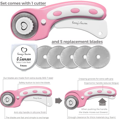 Rotary Cutter Set pink - Quilting Kit incl. 45mm Fabric Cutter, 5 Replacement Blades, A3 Cutting Mat, Acrylic Ruler and Craft Clips - Ideal for Honey's Heaven