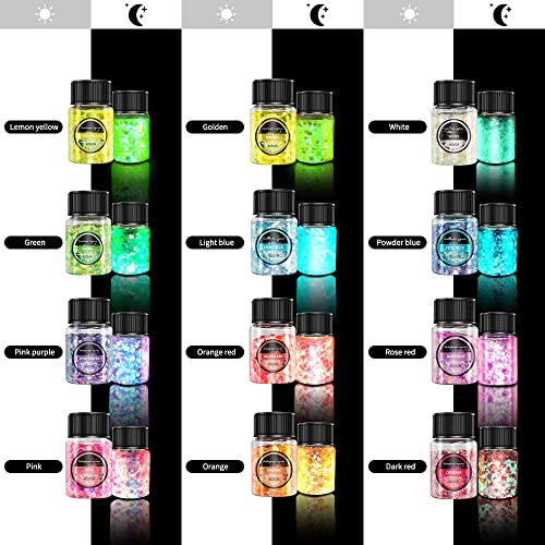 OSBANG Glow in The Dark Glitter 15 Jar - 12 Colors Glow Glitter and 3 Colors Gold Foil Flakes, High Luminous Glitter for Resin Crafts, Cosmetic, OSBANG