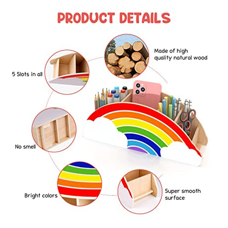 GAMENOTE Wooden Pen Holder & Pencil Holders - Rainbow Supply Caddy Phone Holder Desk Organizer for Office Supplies Makeup Brush Classroom GAMENOTE